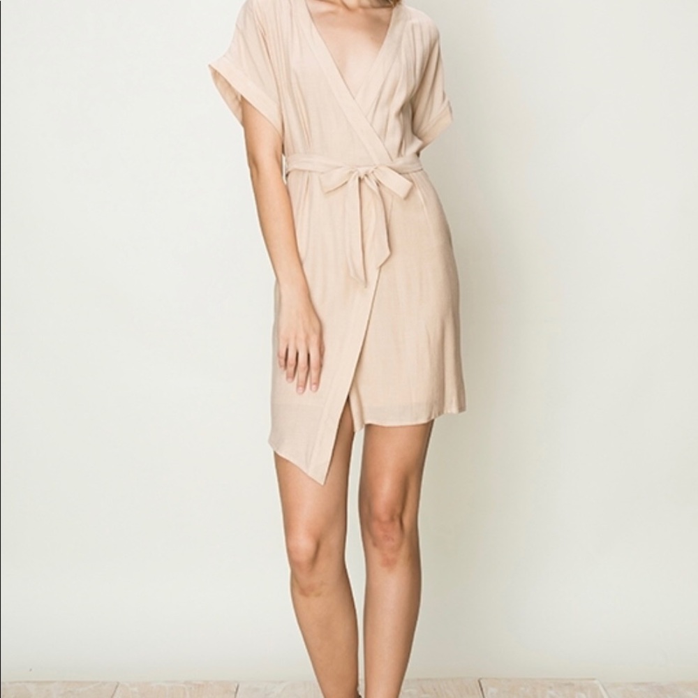 Tan wrap dress.